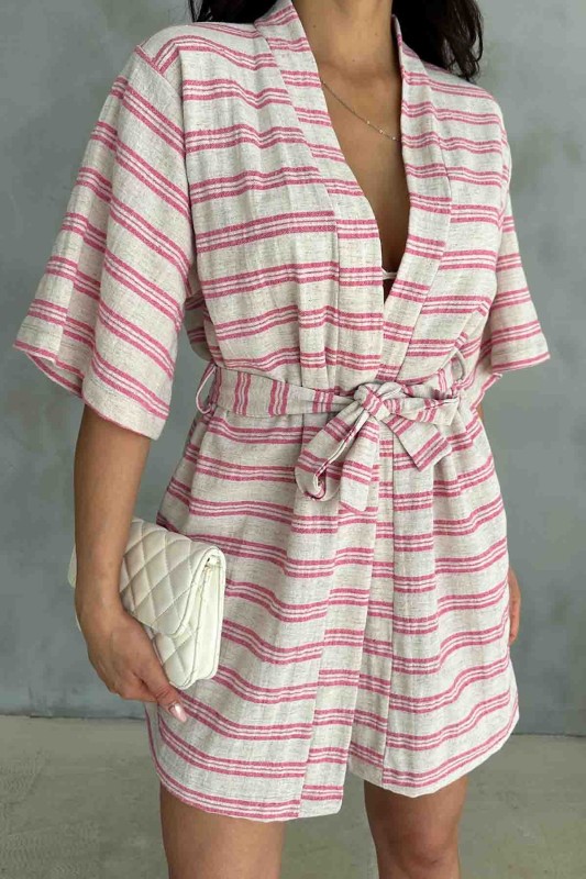 TKM-03618 Pembe Çizgili Keten Kumaş Kuşaklı Kimono Bel Lastikli Şort İkili Takım - 3
