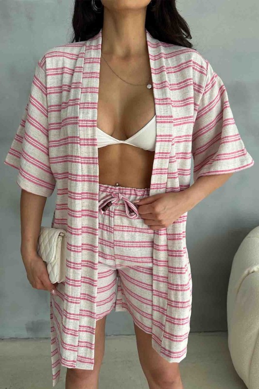 TKM-03618 Pembe Çizgili Keten Kumaş Kuşaklı Kimono Bel Lastikli Şort İkili Takım - 2