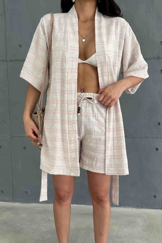 TKM-03618 Pudra Çizgili Keten Kumaş Kuşaklı Kimono Bel Lastikli Şort İkili Takım - Thumbnail