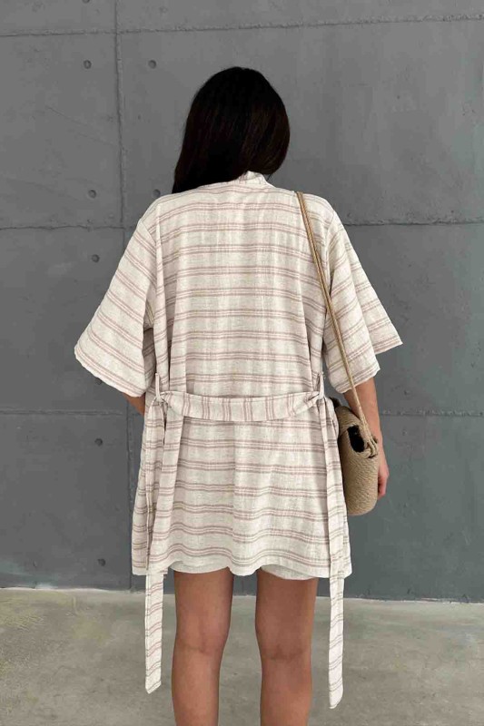 TKM-03618 Vizon Çizgili Keten Kumaş Kuşaklı Kimono Bel Lastikli Şort İkili Takım - 4