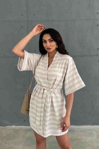 TKM-03618 Vizon Çizgili Keten Kumaş Kuşaklı Kimono Bel Lastikli Şort İkili Takım 