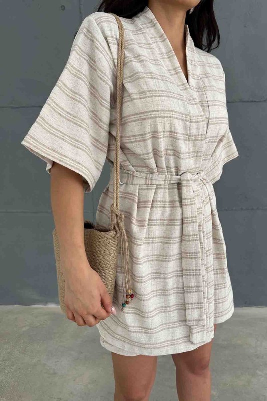 TKM-03618 Vizon Çizgili Keten Kumaş Kuşaklı Kimono Bel Lastikli Şort İkili Takım - 3