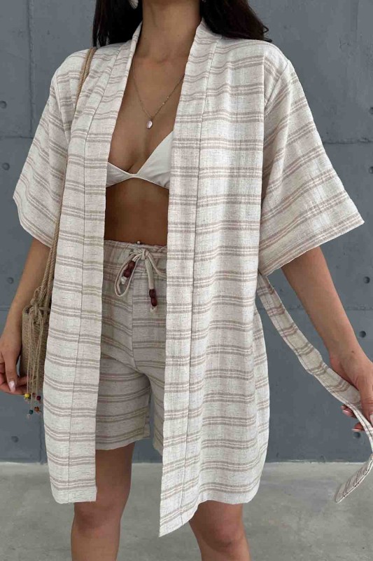TKM-03618 Vizon Çizgili Keten Kumaş Kuşaklı Kimono Bel Lastikli Şort İkili Takım - 2