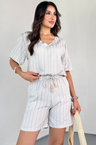 TKM-03621 Gri Yaldız Pamuk Kumaş Büzgülü Bluz Lastikli Şort İkili Takım 