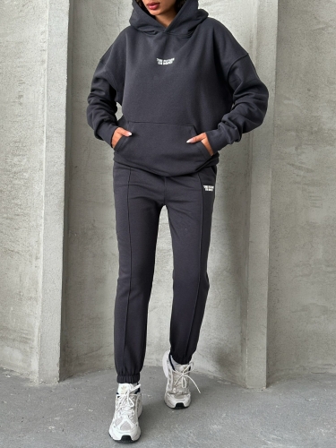 TKM-03624 Füme The Future Is Hope Yazılı Mevsimlik Kumaş Kapüşonlu Sweatshirt Çimalı Jogger İkili Takım - Thumbnail