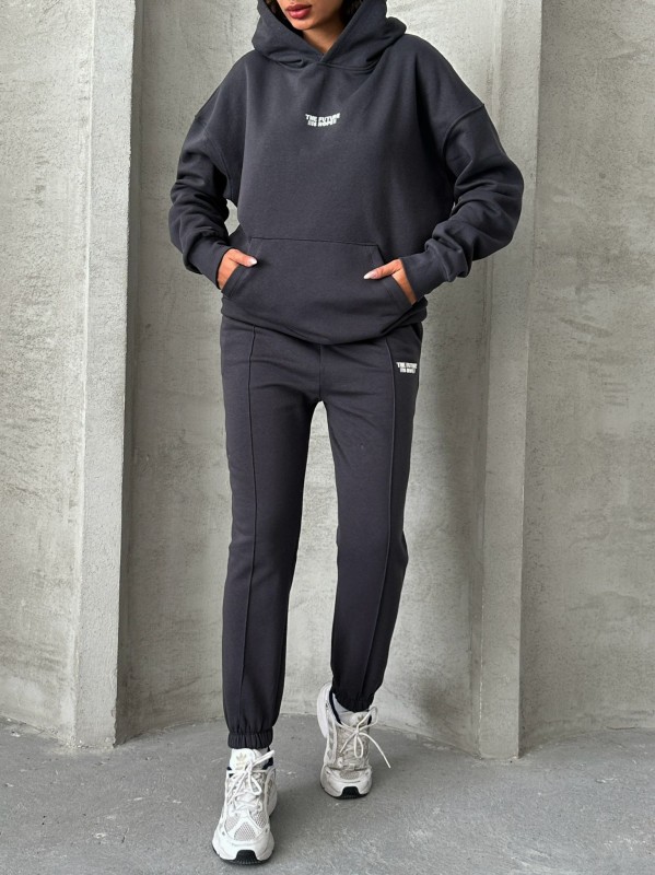 TKM-03624 Füme The Future Is Hope Yazılı Mevsimlik Kumaş Kapüşonlu Sweatshirt Çimalı Jogger İkili Takım