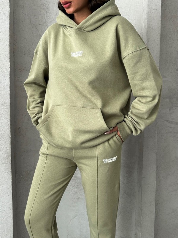 TKM-03624 Haki The Future Is Hope Yazılı Mevsimlik Kumaş Kapüşonlu Sweatshirt Çimalı Jogger İkili Takım