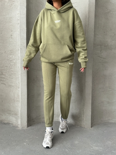 TKM-03624 Haki The Future Is Hope Yazılı Mevsimlik Kumaş Kapüşonlu Sweatshirt Çimalı Jogger İkili Takım - Thumbnail