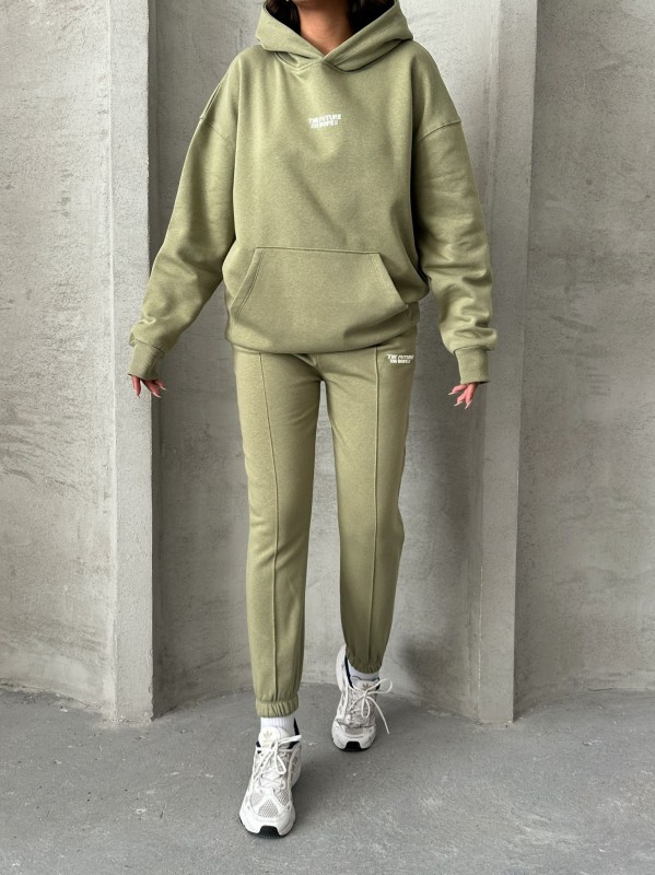 TKM-03624 Haki The Future Is Hope Yazılı Mevsimlik Kumaş Kapüşonlu Sweatshirt Çimalı Jogger İkili Takım