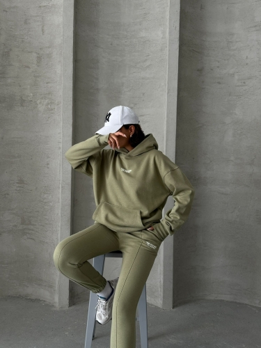 TKM-03624 Haki The Future Is Hope Yazılı Mevsimlik Kumaş Kapüşonlu Sweatshirt Çimalı Jogger İkili Takım - Thumbnail