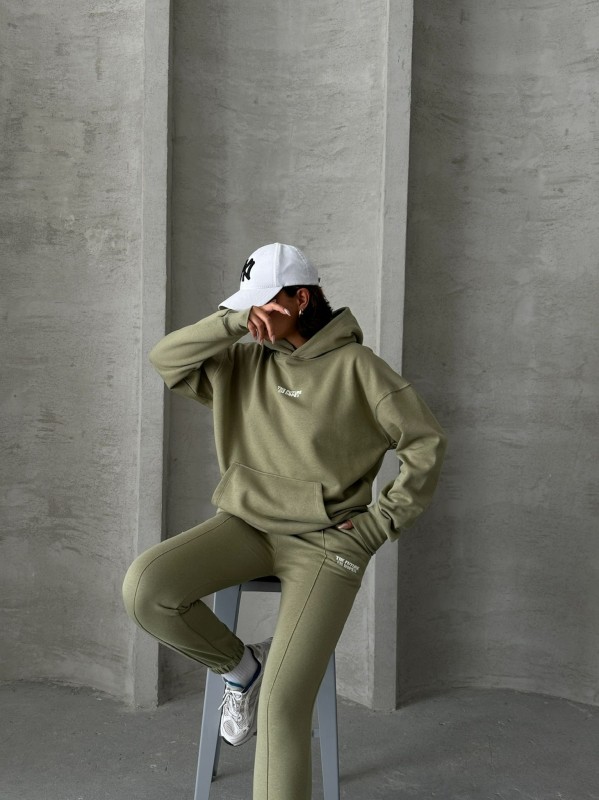 TKM-03624 Haki The Future Is Hope Yazılı Mevsimlik Kumaş Kapüşonlu Sweatshirt Çimalı Jogger İkili Takım