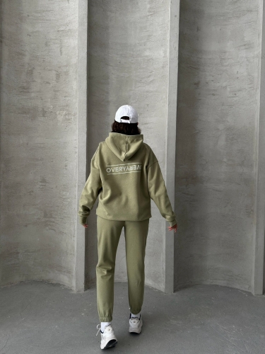 TKM-03624 Haki The Future Is Hope Yazılı Mevsimlik Kumaş Kapüşonlu Sweatshirt Çimalı Jogger İkili Takım - Thumbnail