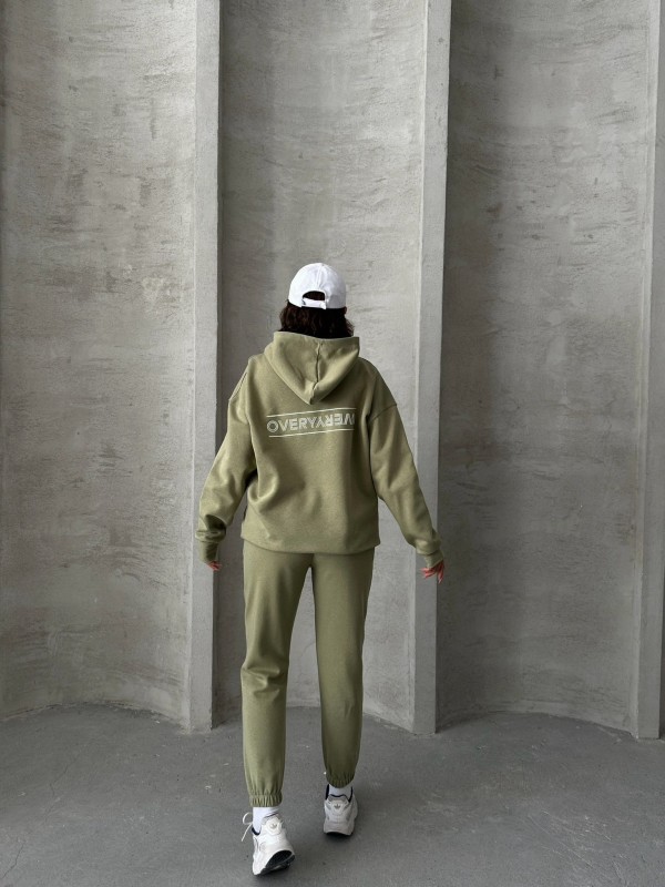 TKM-03624 Haki The Future Is Hope Yazılı Mevsimlik Kumaş Kapüşonlu Sweatshirt Çimalı Jogger İkili Takım