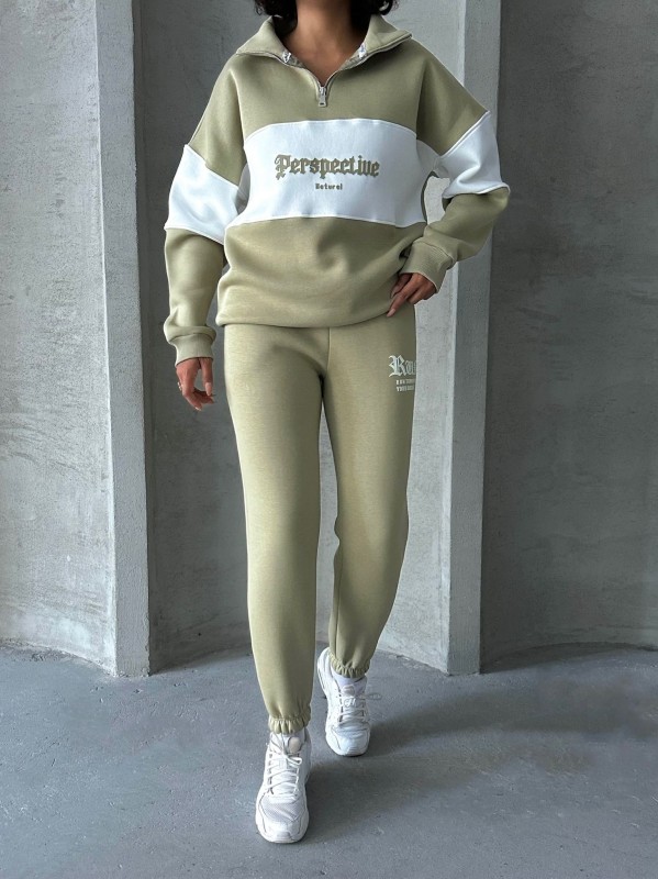 TKM-03625 Haki Perspective Yazı Baskılı Fermuarlı Sweat Çimalı Jogger Üç İplik Şardonlu İkili Takım - 1