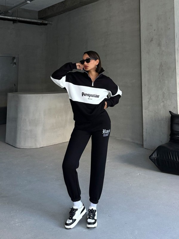 TKM-03625 Siyah Perspective Yazı Baskılı Fermuarlı Sweat Çimalı Jogger Üç İplik Şardonlu İkili Takım - 1