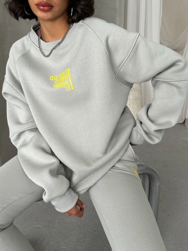 TKM-03626 Boyama Gri Do Not Over Think It Kabartma Yazı Baskılı Bisiklet Yaka Sweatshirt Jogger Üç İplik Şardonlu İkili Takım - 2