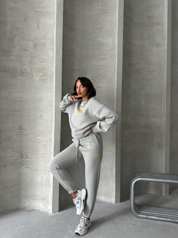 TKM-03626 Boyama Gri Do Not Over Think It Kabartma Yazı Baskılı Bisiklet Yaka Sweatshirt Jogger Üç İplik Şardonlu İkili Takım - 1