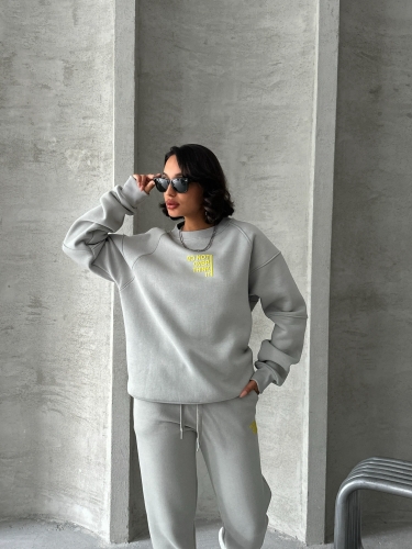 TKM-03626 Boyama Gri Do Not Over Think It Kabartma Yazı Baskılı Bisiklet Yaka Sweatshirt Jogger Üç İplik Şardonlu İkili Takım - 5
