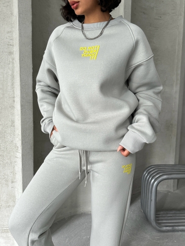 TKM-03626 Boyama Gri Do Not Over Think It Kabartma Yazı Baskılı Bisiklet Yaka Sweatshirt Jogger Üç İplik Şardonlu İkili Takım - 6