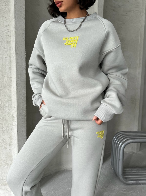 TKM-03626 Boyama Gri Do Not Over Think It Kabartma Yazı Baskılı Bisiklet Yaka Sweatshirt Jogger Üç İplik Şardonlu İkili Takım - 6