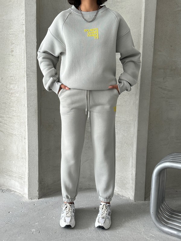 TKM-03626 Boyama Gri Do Not Over Think It Kabartma Yazı Baskılı Bisiklet Yaka Sweatshirt Jogger Üç İplik Şardonlu İkili Takım - 3