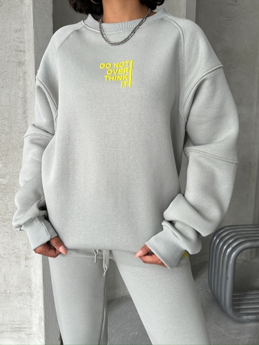 TKM-03626 Boyama Gri Do Not Over Think It Kabartma Yazı Baskılı Bisiklet Yaka Sweatshirt Jogger Üç İplik Şardonlu İkili Takım - 7
