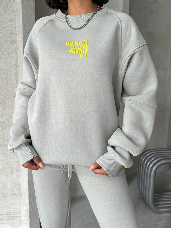TKM-03626 Boyama Gri Do Not Over Think It Kabartma Yazı Baskılı Bisiklet Yaka Sweatshirt Jogger Üç İplik Şardonlu İkili Takım - 7