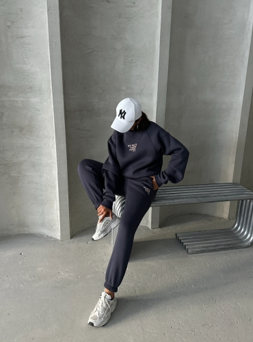 TKM-03626 Füme Do Not Over Think It Kabartma Yazı Baskılı Bisiklet Yaka Sweatshirt Jogger Üç İplik Şardonlu İkili Takım 
