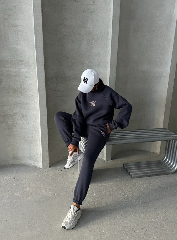 TKM-03626 Füme Do Not Over Think It Kabartma Yazı Baskılı Bisiklet Yaka Sweatshirt Jogger Üç İplik Şardonlu İkili Takım - 1