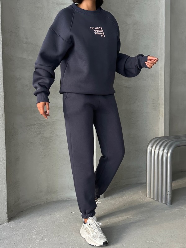 TKM-03626 Füme Do Not Over Think It Kabartma Yazı Baskılı Bisiklet Yaka Sweatshirt Jogger Üç İplik Şardonlu İkili Takım - 3