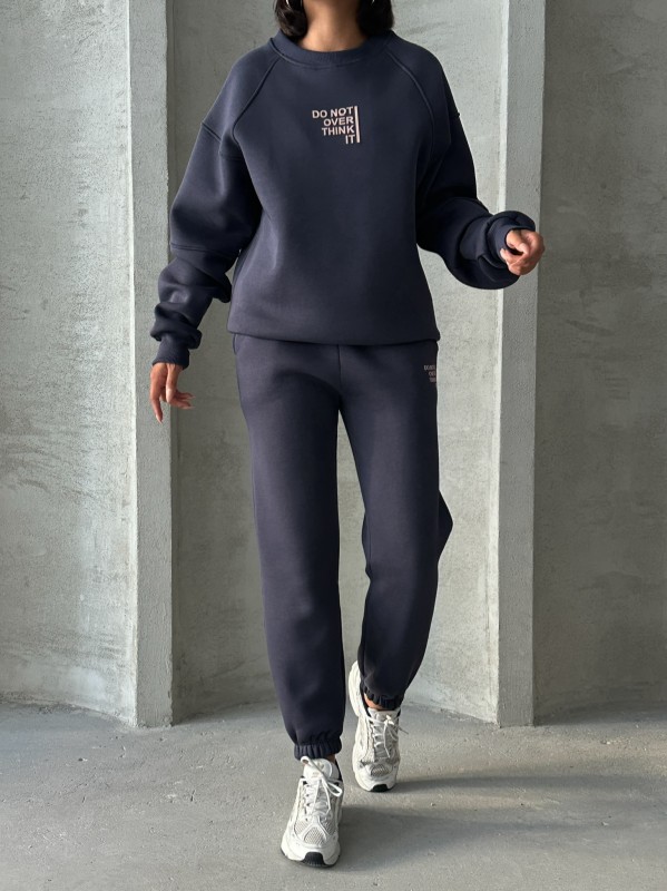 TKM-03626 Füme Do Not Over Think It Kabartma Yazı Baskılı Bisiklet Yaka Sweatshirt Jogger Üç İplik Şardonlu İkili Takım - 6