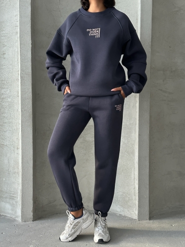 TKM-03626 Füme Do Not Over Think It Kabartma Yazı Baskılı Bisiklet Yaka Sweatshirt Jogger Üç İplik Şardonlu İkili Takım - 8