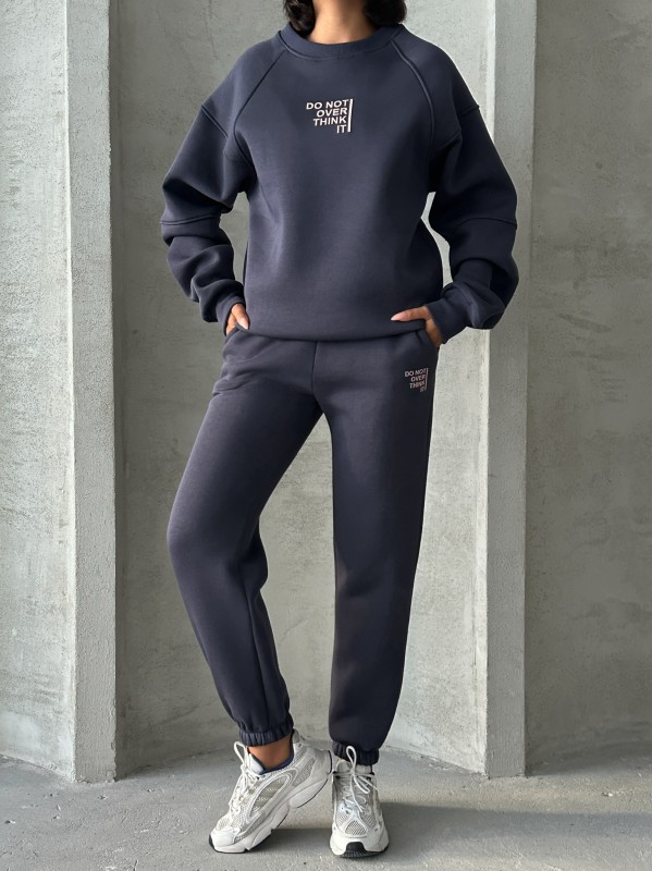 TKM-03626 Füme Do Not Over Think It Kabartma Yazı Baskılı Bisiklet Yaka Sweatshirt Jogger Üç İplik Şardonlu İkili Takım - 8