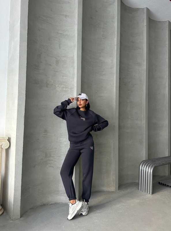 TKM-03626 Füme Do Not Over Think It Kabartma Yazı Baskılı Bisiklet Yaka Sweatshirt Jogger Üç İplik Şardonlu İkili Takım - 5