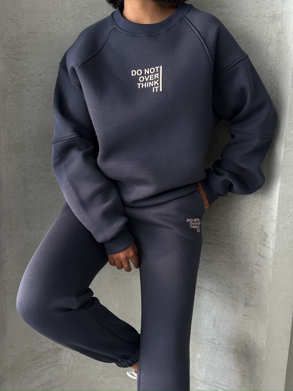 TKM-03626 Füme Do Not Over Think It Kabartma Yazı Baskılı Bisiklet Yaka Sweatshirt Jogger Üç İplik Şardonlu İkili Takım - 2