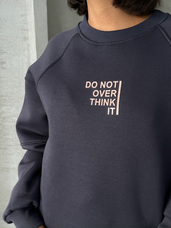 TKM-03626 Füme Do Not Over Think It Kabartma Yazı Baskılı Bisiklet Yaka Sweatshirt Jogger Üç İplik Şardonlu İkili Takım - 4