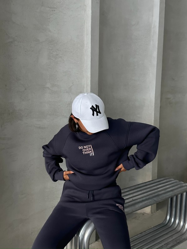 TKM-03626 Füme Do Not Over Think It Kabartma Yazı Baskılı Bisiklet Yaka Sweatshirt Jogger Üç İplik Şardonlu İkili Takım - 9