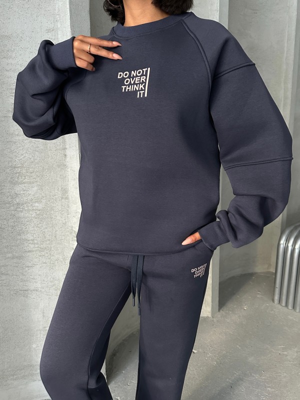 TKM-03626 Füme Do Not Over Think It Kabartma Yazı Baskılı Bisiklet Yaka Sweatshirt Jogger Üç İplik Şardonlu İkili Takım - 10