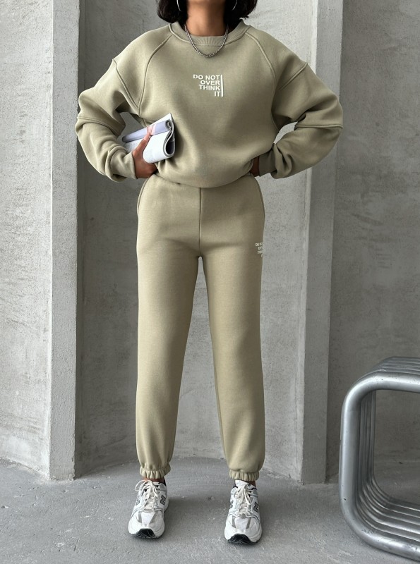 TKM-03626 Haki Do Not Over Think It Kabartma Yazı Baskılı Bisiklet Yaka Sweatshirt Jogger Üç İplik Şardonlu İkili Takım - 2