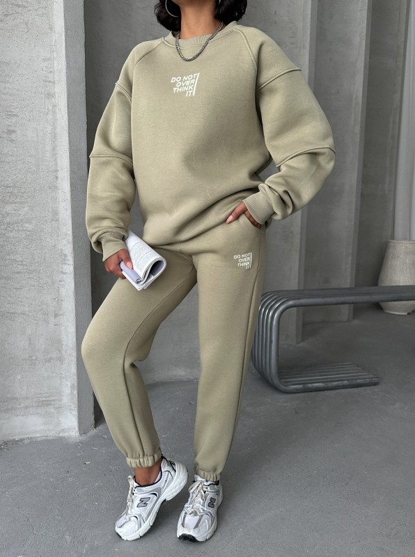 TKM-03626 Haki Do Not Over Think It Kabartma Yazı Baskılı Bisiklet Yaka Sweatshirt Jogger Üç İplik Şardonlu İkili Takım - 5