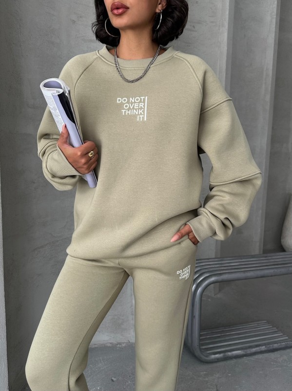 TKM-03626 Haki Do Not Over Think It Kabartma Yazı Baskılı Bisiklet Yaka Sweatshirt Jogger Üç İplik Şardonlu İkili Takım - 6