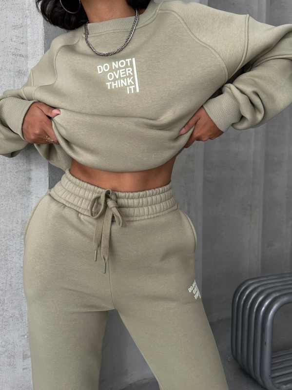 TKM-03626 Haki Do Not Over Think It Kabartma Yazı Baskılı Bisiklet Yaka Sweatshirt Jogger Üç İplik Şardonlu İkili Takım - 3