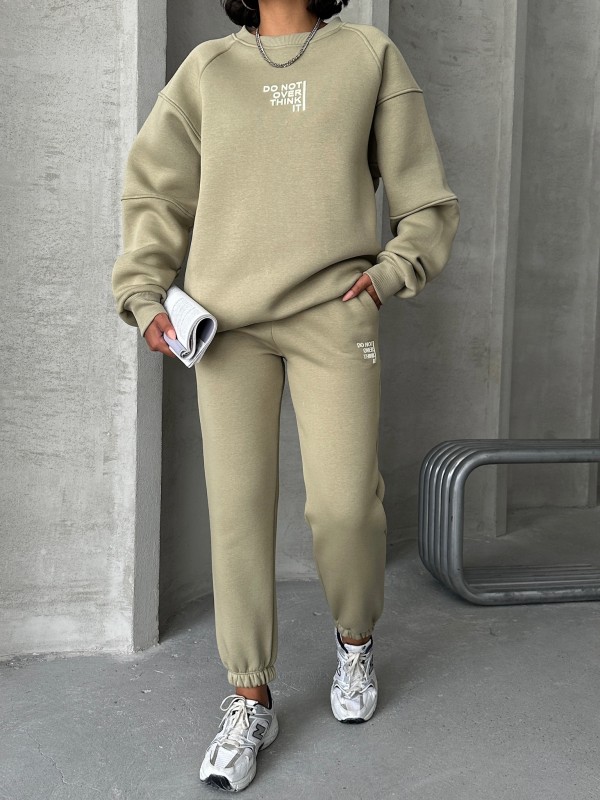 TKM-03626 Haki Do Not Over Think It Kabartma Yazı Baskılı Bisiklet Yaka Sweatshirt Jogger Üç İplik Şardonlu İkili Takım - 7