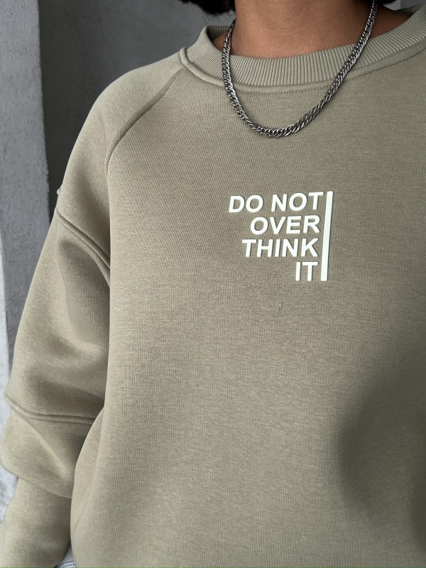 TKM-03626 Haki Do Not Over Think It Kabartma Yazı Baskılı Bisiklet Yaka Sweatshirt Jogger Üç İplik Şardonlu İkili Takım - 4