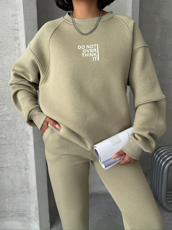 TKM-03626 Haki Do Not Over Think It Kabartma Yazı Baskılı Bisiklet Yaka Sweatshirt Jogger Üç İplik Şardonlu İkili Takım - 8