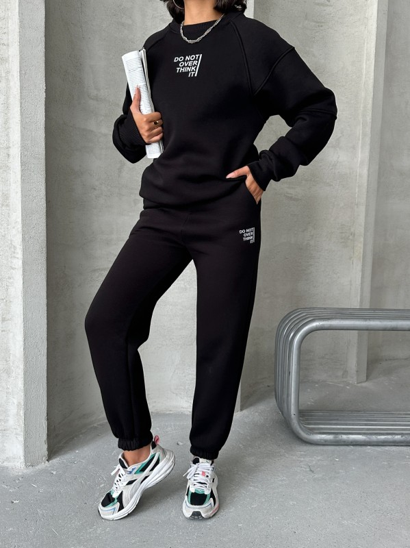 TKM-03626 Siyah Do Not Over Think It Kabartma Yazı Baskılı Bisiklet Yaka Sweatshirt Jogger Üç İplik Şardonlu İkili Takım - 5