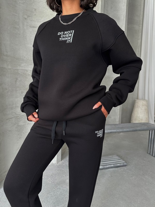 TKM-03626 Siyah Do Not Over Think It Kabartma Yazı Baskılı Bisiklet Yaka Sweatshirt Jogger Üç İplik Şardonlu İkili Takım - 6