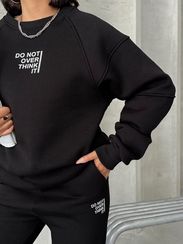 TKM-03626 Siyah Do Not Over Think It Kabartma Yazı Baskılı Bisiklet Yaka Sweatshirt Jogger Üç İplik Şardonlu İkili Takım - 7