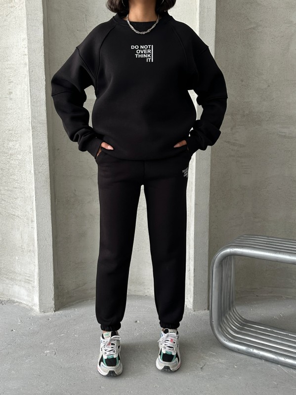 TKM-03626 Siyah Do Not Over Think It Kabartma Yazı Baskılı Bisiklet Yaka Sweatshirt Jogger Üç İplik Şardonlu İkili Takım - 2