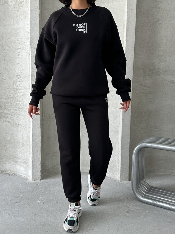 TKM-03626 Siyah Do Not Over Think It Kabartma Yazı Baskılı Bisiklet Yaka Sweatshirt Jogger Üç İplik Şardonlu İkili Takım - 8